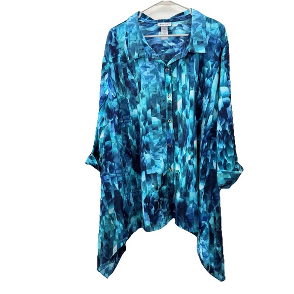 Catherines‎ Teal Blue Geo Sharkbite Button Up 3/4 Tab Sleeve Shirt Size 4X - Picture 1 of 10